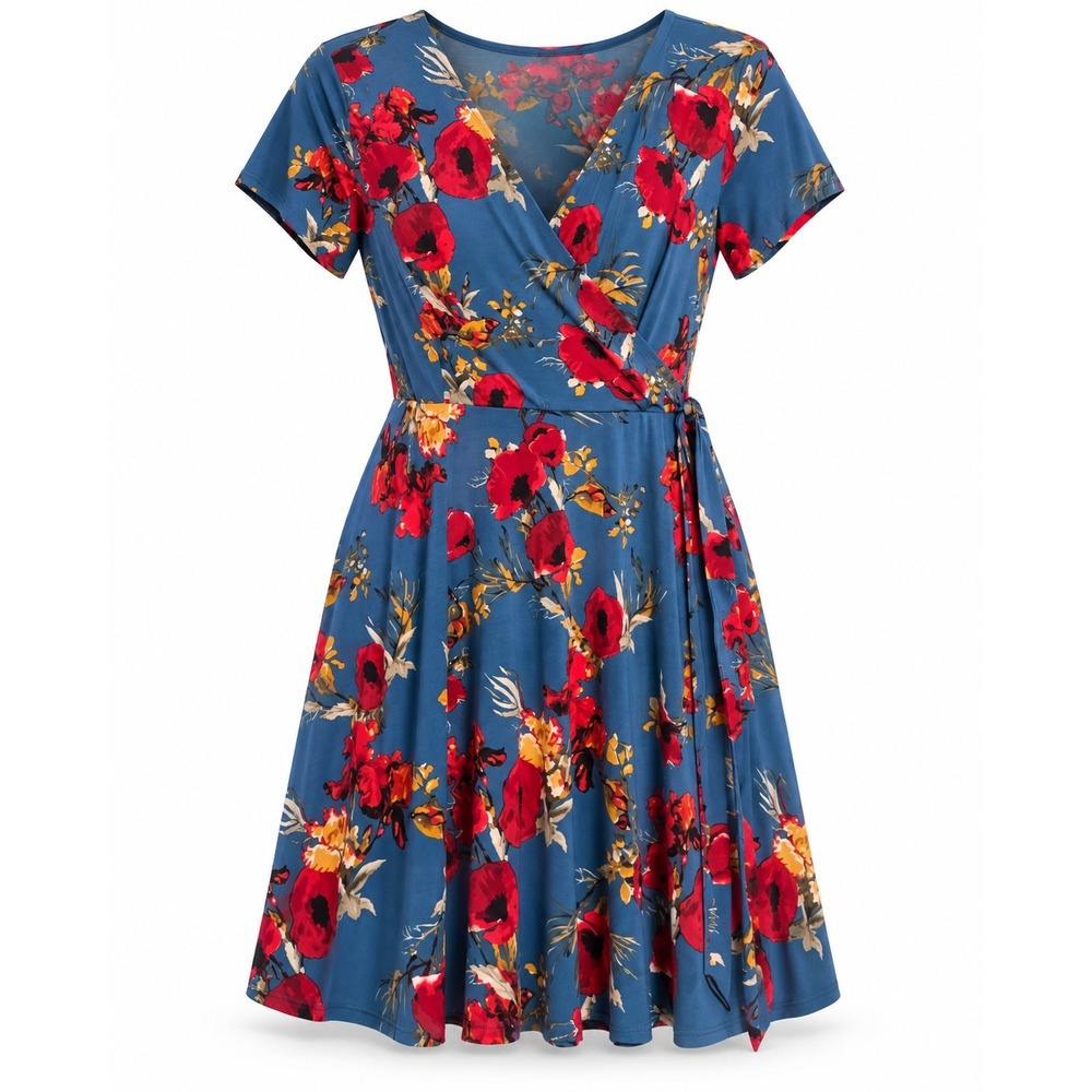 Kaileigh Arnett Faux Wrap Knit Dress L Teal Green Red Poppy Floral Short Sleeve